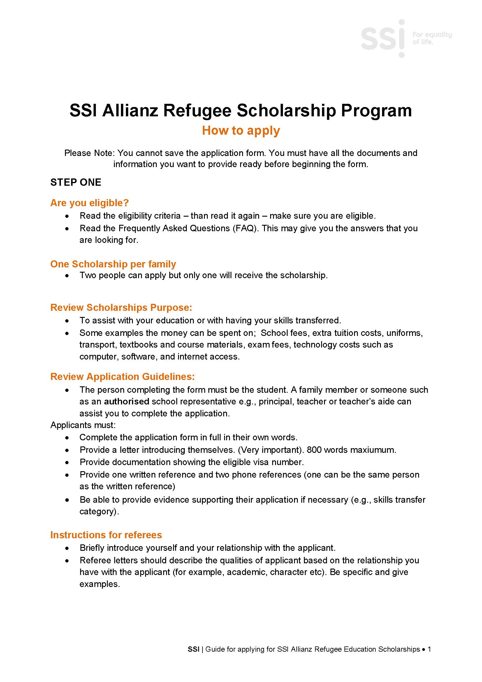 Guide for applying for SSI Allianz Refugee Education Scholarships