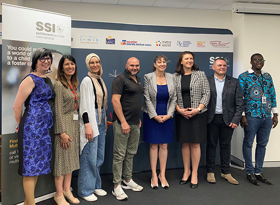 Photo (L-R): Nicola Jeffers, Executive District Director South Western Sydney at Department of Communities and Justice; Kathy Karatasas, Head of MCFP at SSI; Hana Sakalaki, SSI foster carer; Gazoin Sakalaki, SSI foster carer; Wendy Lindsay MP, Member for East Hills; The Hon. Natasha MacLaren-Jones MLC, Minister for Families and Communities; Ghassan Noujaim, Senior Operations Manager MCFP, SSI; and Noel Zihabamwe, Community Engagement Coordinator, SSI.