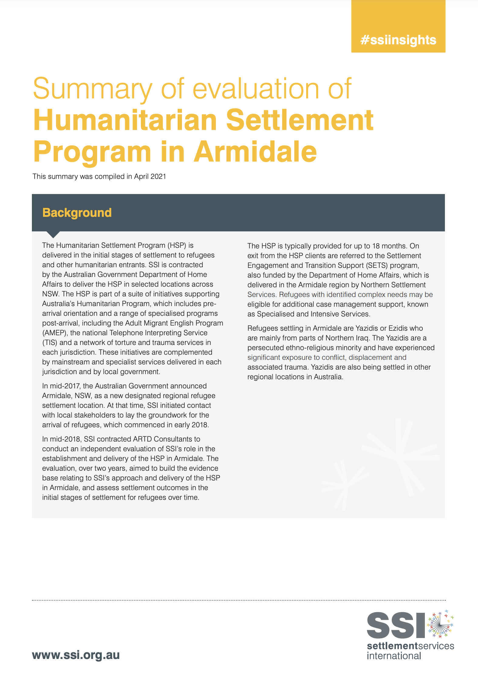 Summary of evaluation of Humanitarian Settlement Program in Armidale