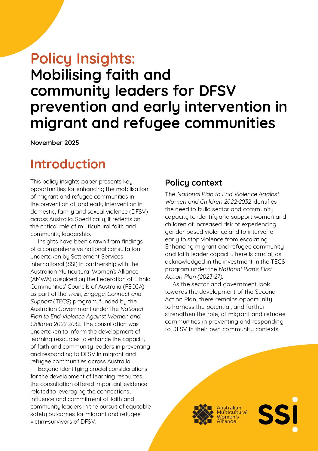Policy Insights: Mobilising faith and community leaders for DFSV prevention and early intervention in migrant and refugee communities